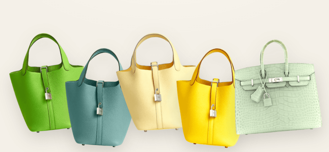 Five Hermès color examples arranged together: Granny, Ciel, Vanille, Canari and Vert d’Eau